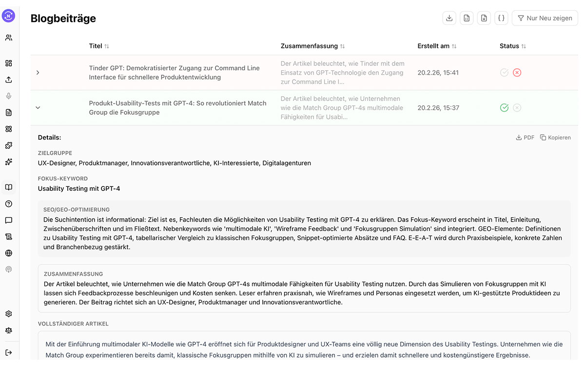 Noutdated Blog-Beitrag Generator — KI-generierte Blog-Beiträge mit Keyword-Fokus